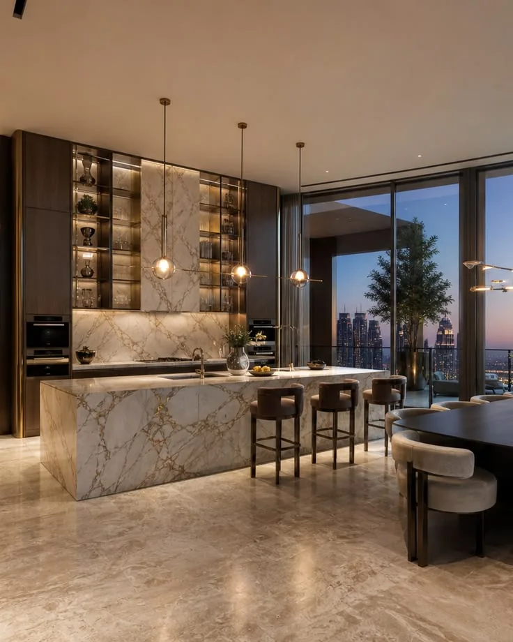 Modern kitchen design with coordinated cabinets and island in Lahore